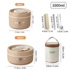 Three sizes of 'LUCKY' lunch boxes with measurements and additional items on a white background