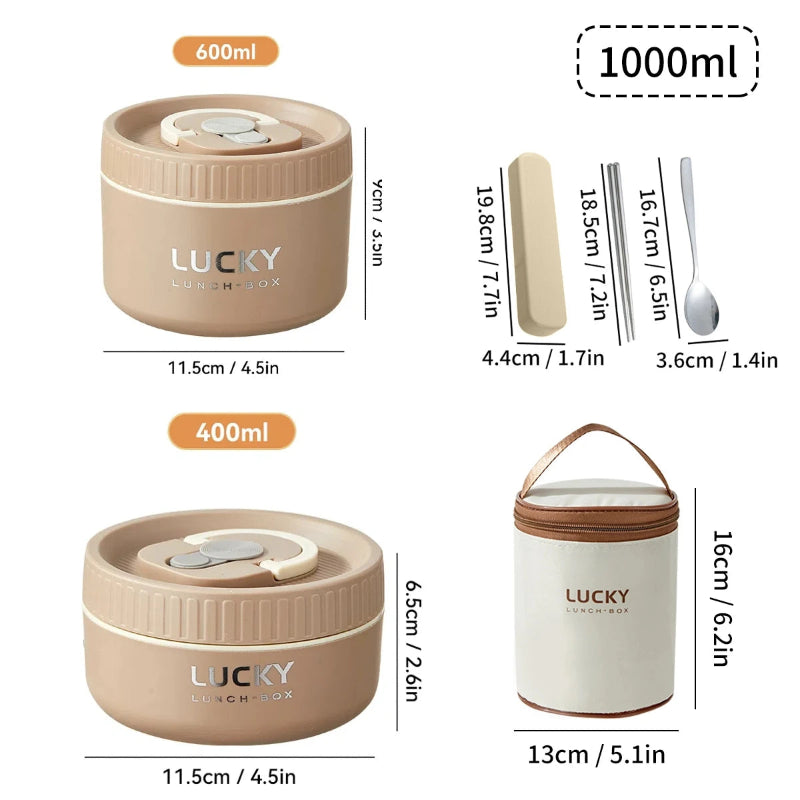 Three sizes of 'LUCKY' lunch boxes with measurements and additional items on a white background