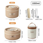 Three sizes of 'LUCKY' lunch boxes with measurements and additional items on a white background