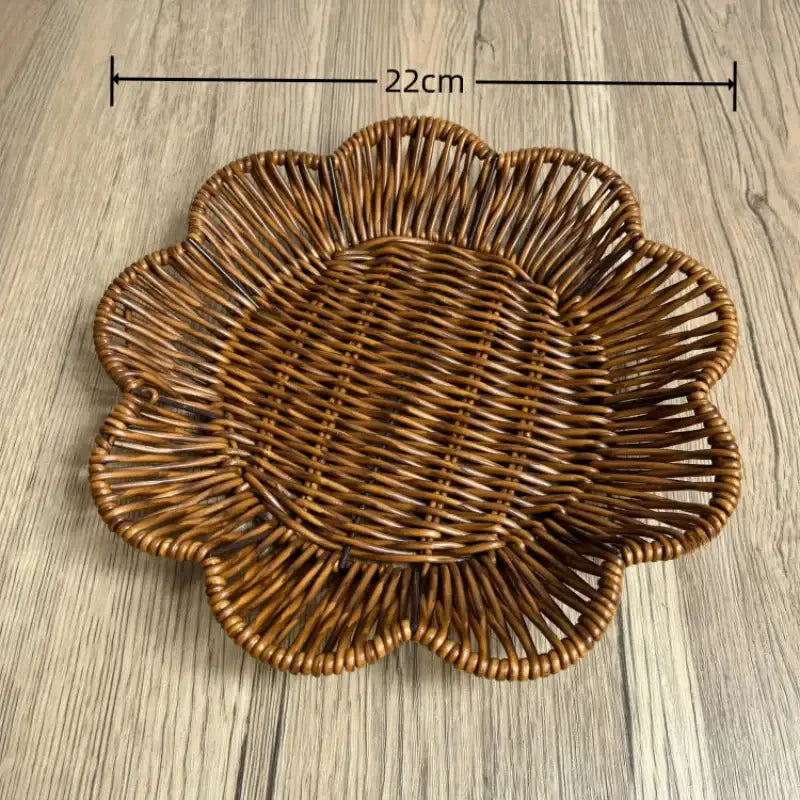 Wicker placemat with dimensions on a wooden surface