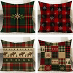 Four Christmas-themed throw pillow covers arranged in a 2x2 grid, each with a different festive pattern: tartan plaid with a snowflake, buffalo plaid with snowflakes, a reindeer and tree pattern, and a patchwork design combining plaid, snowflakes, and burlap tones.