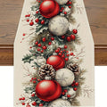 Decorative table runner with Christmas ornaments and berries on a wooden surface