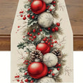 Decorative table runner with Christmas ornaments and berries on a wooden surface