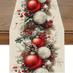 Decorative table runner with Christmas ornaments and berries on a wooden surface