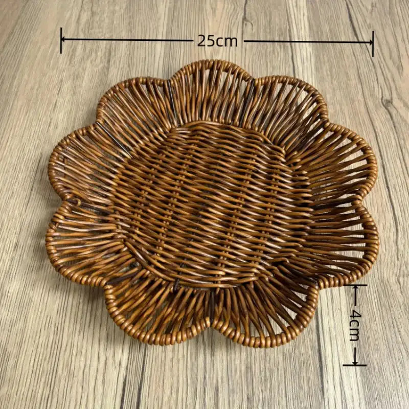 Wicker placemat with dimensions on a wooden surface