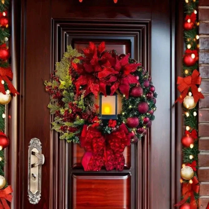 EMESA HOME 45CM Golden Lighted Floral Wreath with Red Ball Accents