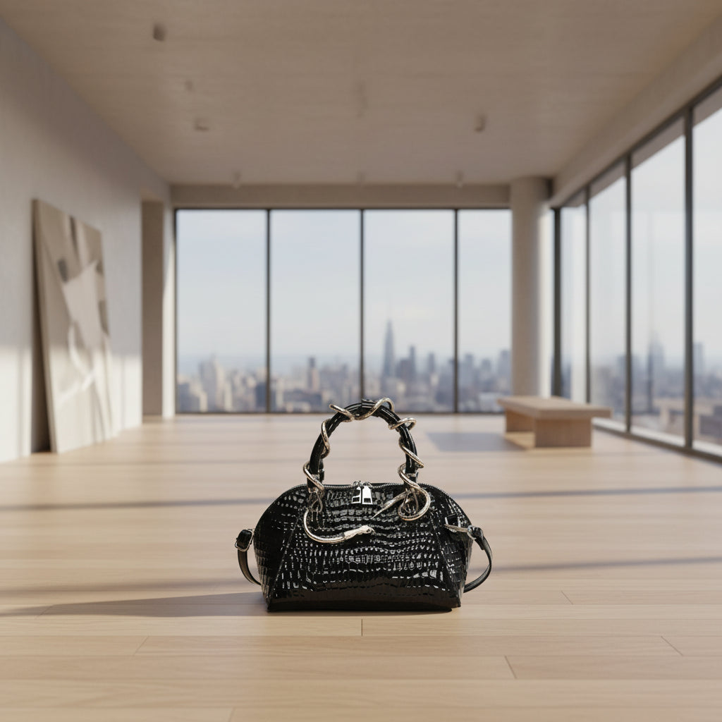 Black crocodile-patterned handbag with silver chain handle on a white background