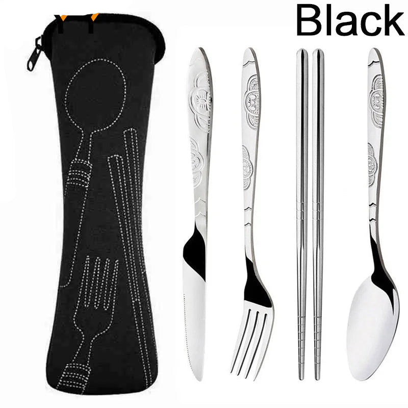 A set of stainless steel cutlery with engraved handles, shown alongside a black zippered carrying case. The text 'JJYY' appears in the top-left corner and 'Black' is written in the top-right.