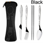 A set of stainless steel cutlery with engraved handles, shown alongside a black zippered carrying case. The text 'JJYY' appears in the top-left corner and 'Black' is written in the top-right.
