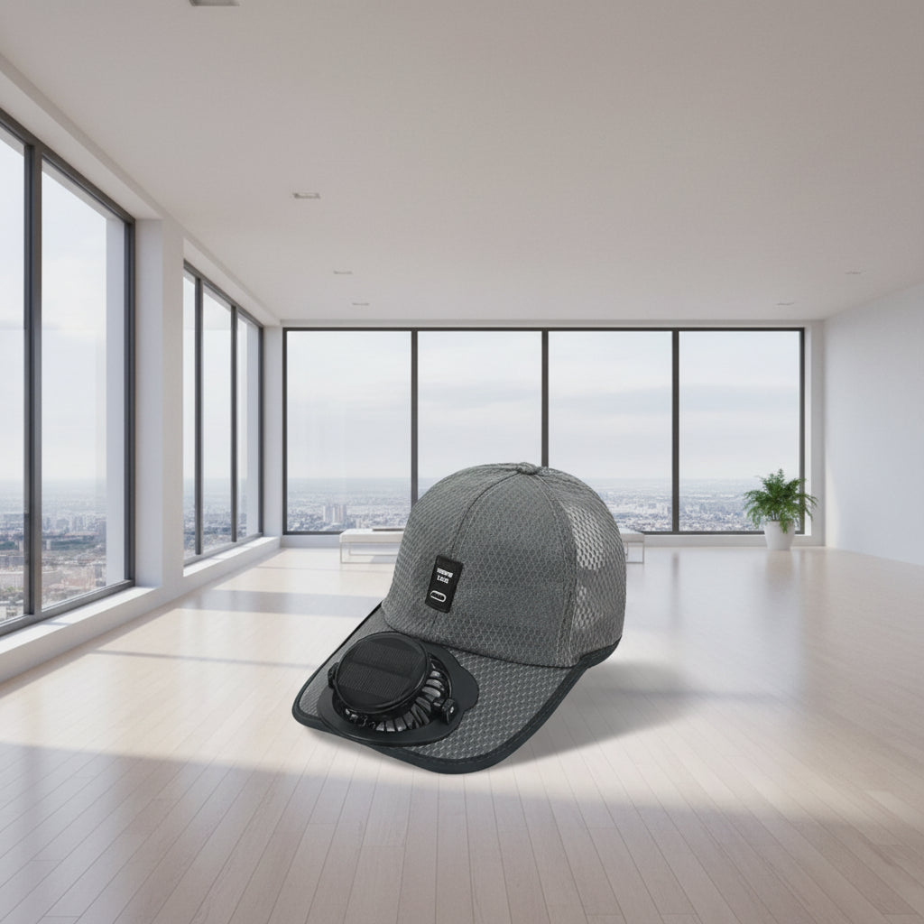 Gray cap with solar and USB fan on a blue background