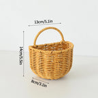 Wicker basket with dimensions labeled on a white background