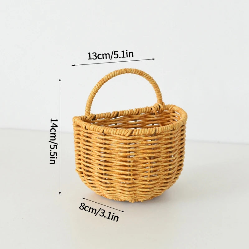 Wicker basket with dimensions labeled on a white background