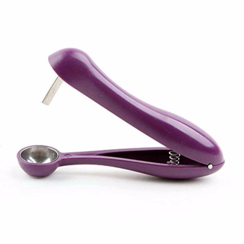 Purple measuring spoon with silver bowl on a white background