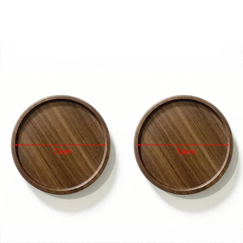 Two wooden coasters with dimensions on a white background, labeled '2pcs-1-Walnut'.