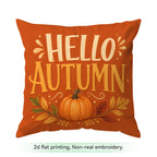 An orange square throw pillow with a 'HELLO AUTUMN' graphic and a pumpkin illustration, shown on a white background with a text label at the bottom.