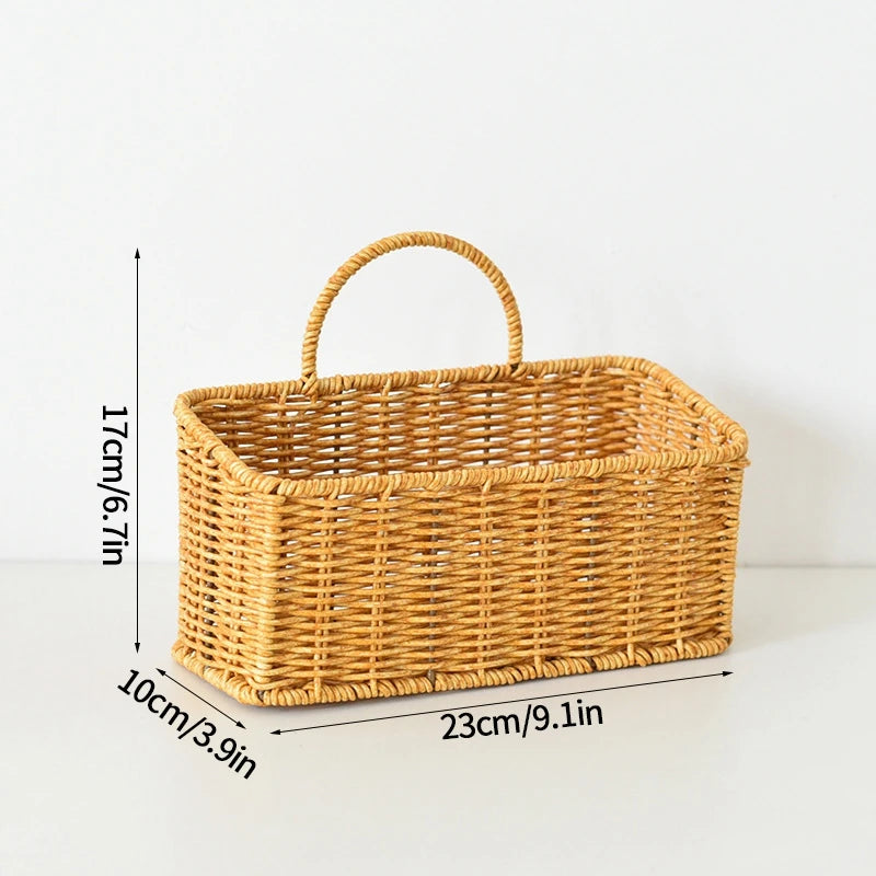 Wicker basket with dimensions on a white background