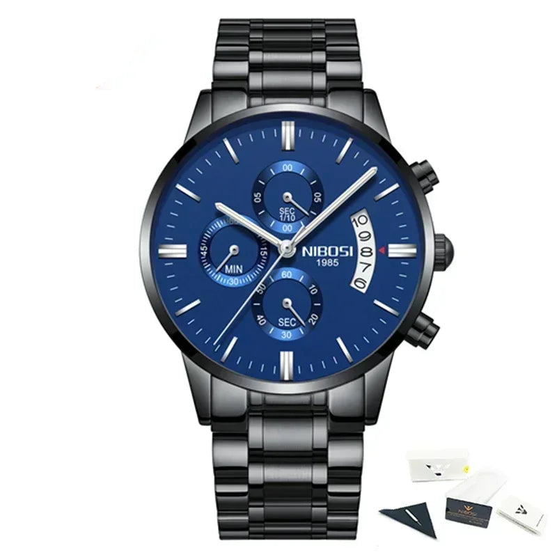 NIBOSI watch with blue dial and silver metal strap on a white background