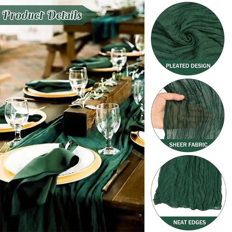 Green tablecloth with pleated design, sheer fabric, and neat edges on a table setting.