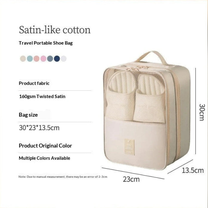 Product information card for a satin-like cotton travel portable shoe bag, showing a beige zippered bag with dimensions labeled 30cm tall, 23cm wide, and 13.5cm deep, plus color swatches and fabric details.