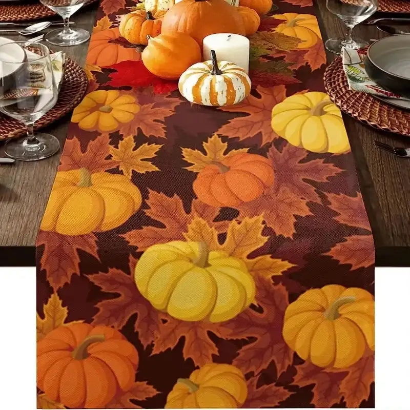 Table setting with a decorative table runner featuring pumpkins and leaves on a wooden table.
