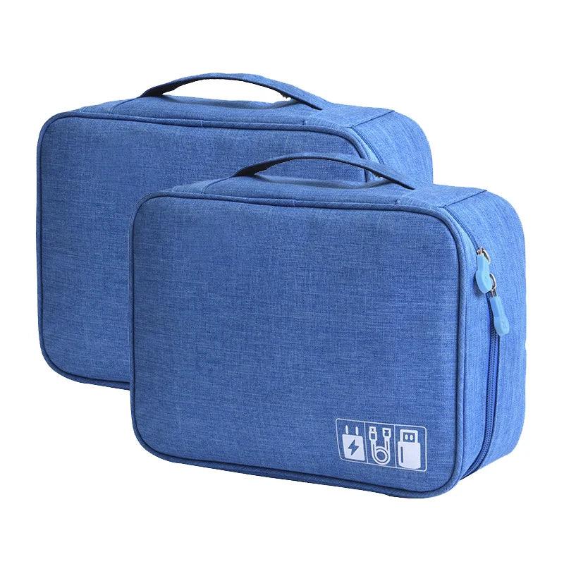 Two blue travel bags with icons on a white background