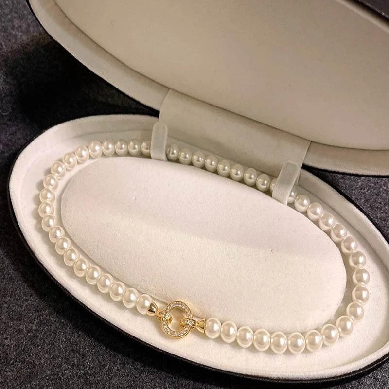 EMESA HOME French Elegant Micro Set Zircon Round Buckle Imitation Pearl Beaded Necklace, Women's Temperament Jewelry Sweet Accessories - EMESA HOME™