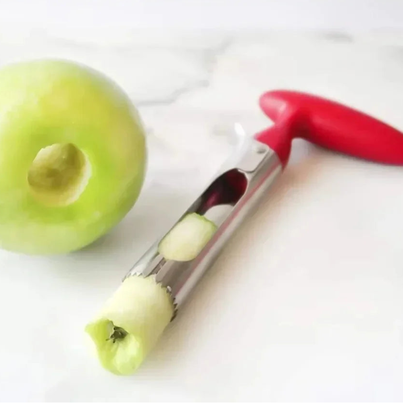 Apple corer with a green apple on a white background, labeled as 'The Perfect Coring Tool'.