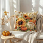 Decorative pillow with autumn design on a chair with a small table and pumpkin decoration.