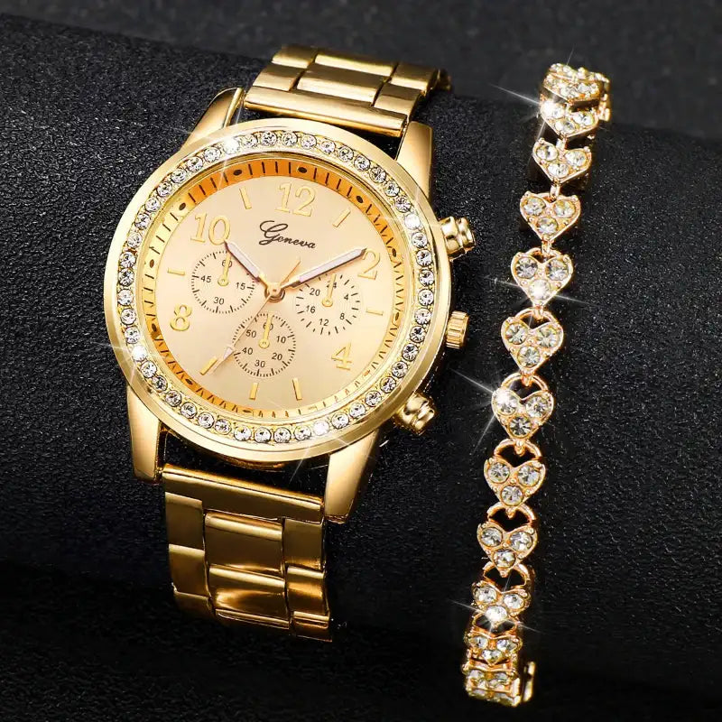 EMESA HOME 2-Piece Women’s Rhinestone Quartz Watch & Bracelet Set – Elegant Analog Fashion Gift Set for Ladies & Girls