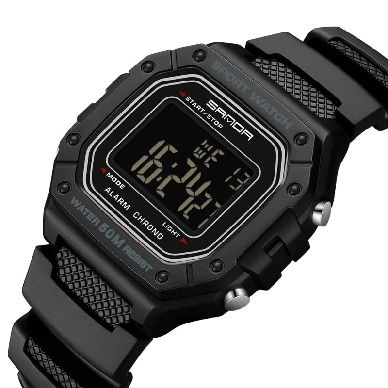 Black digital watch with a strap on a white background, featuring the brand 'SANDA'.