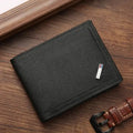 Black leather wallet with a brand logo on a wooden surface