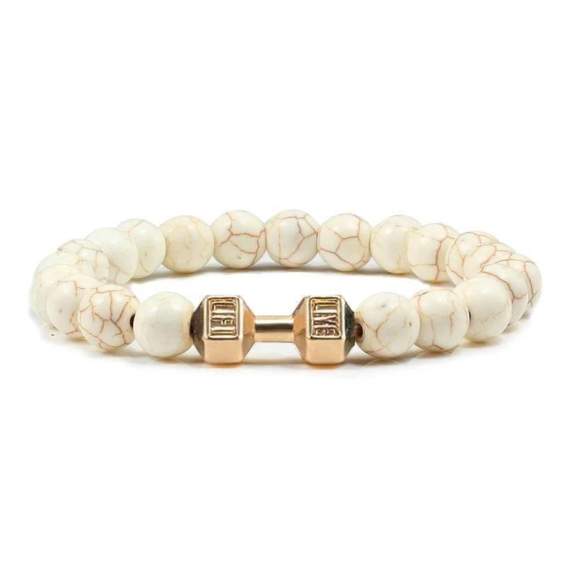 EMESA HOME Volcanic Stone Bead Bracelet – Matte Black Lava & White Dumbbell Charm Fitness Jewelry for Men & Women - EMESA HOME™