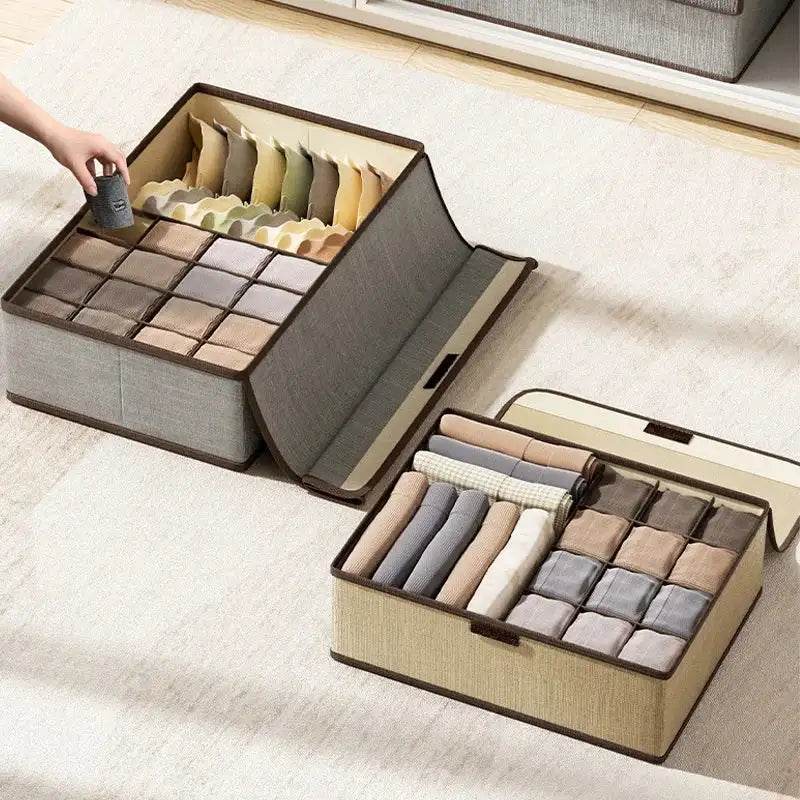 EMESA HOME Cotton & Linen Underwear Storage Box – Drawer-Style Organizer with Six Compartments and Lid