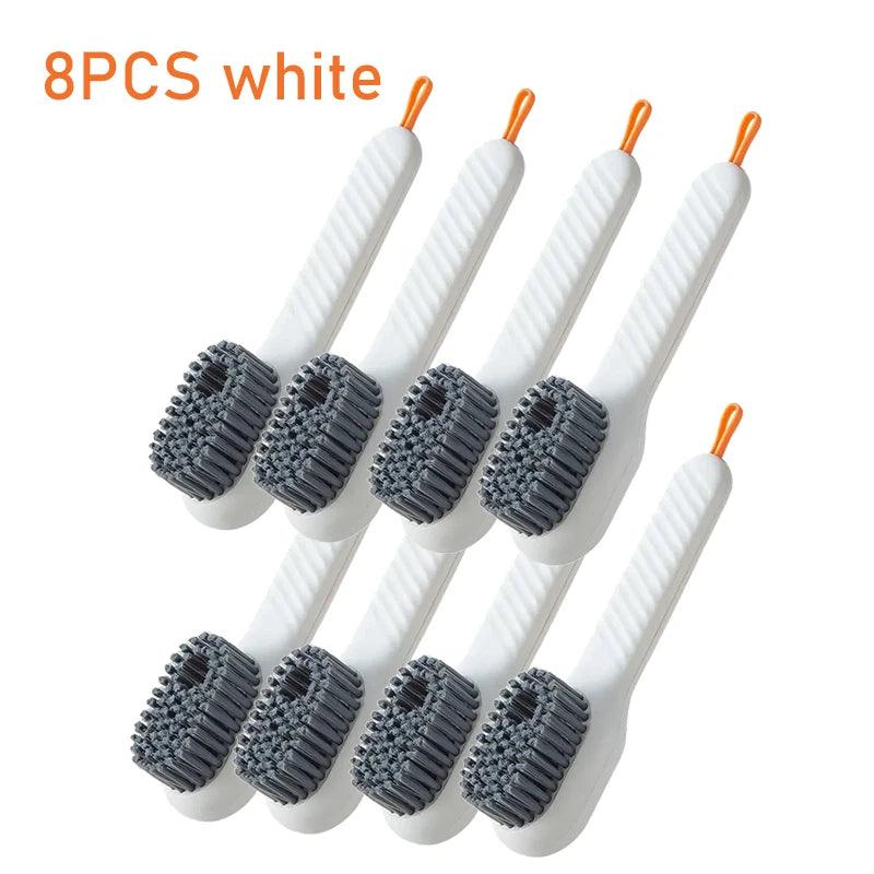 Set of 8 white cleaning brushes with gray bristles on a white background