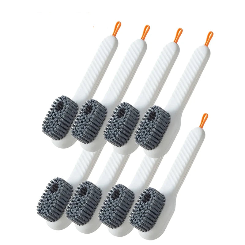 Set of 8 white cleaning brushes with gray bristles on a white background