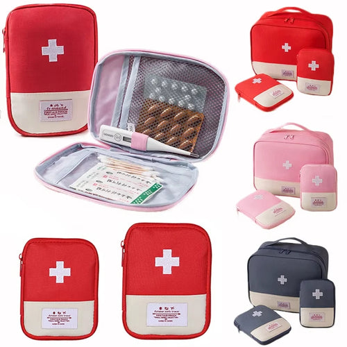 A collage showing multiple sizes and colors of medical first aid travel kits, including red and cream, pink and cream, and navy and gray pouches and cases, with one open kit displaying internal storage compartments.