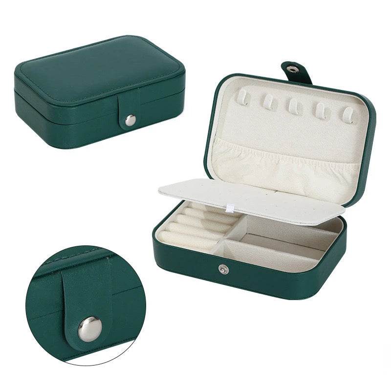 EMESA HOME Portable Jewelry Box – Travel Jewelry Organizer with Zipper & Button Closure, Leather Storage Case for Rings, Earrings & Necklaces blackish green