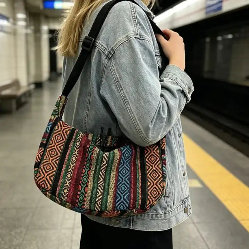 A woman in a light-wash denim jacket carries a large woven shoulder bag with a colorful geometric pattern, standing on a subway platform.