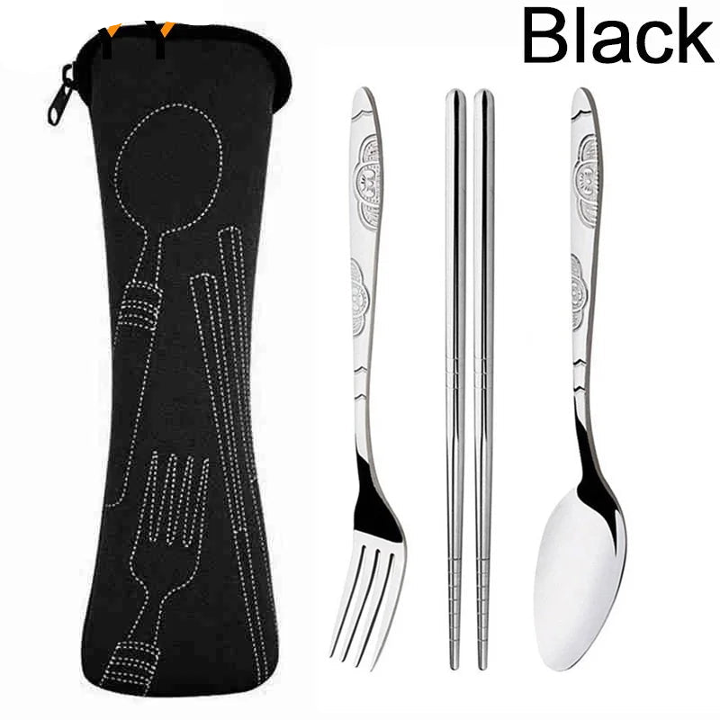 A 4-piece stainless steel portable cutlery set with a black zippered carrying pouch. The set includes a spoon, chopsticks, fork, and knife, all with engraved floral handles, displayed next to their black fabric sleeve with white dotted outlines.