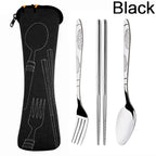 A 4-piece stainless steel portable cutlery set with a black zippered carrying pouch. The set includes a spoon, chopsticks, fork, and knife, all with engraved floral handles, displayed next to their black fabric sleeve with white dotted outlines.