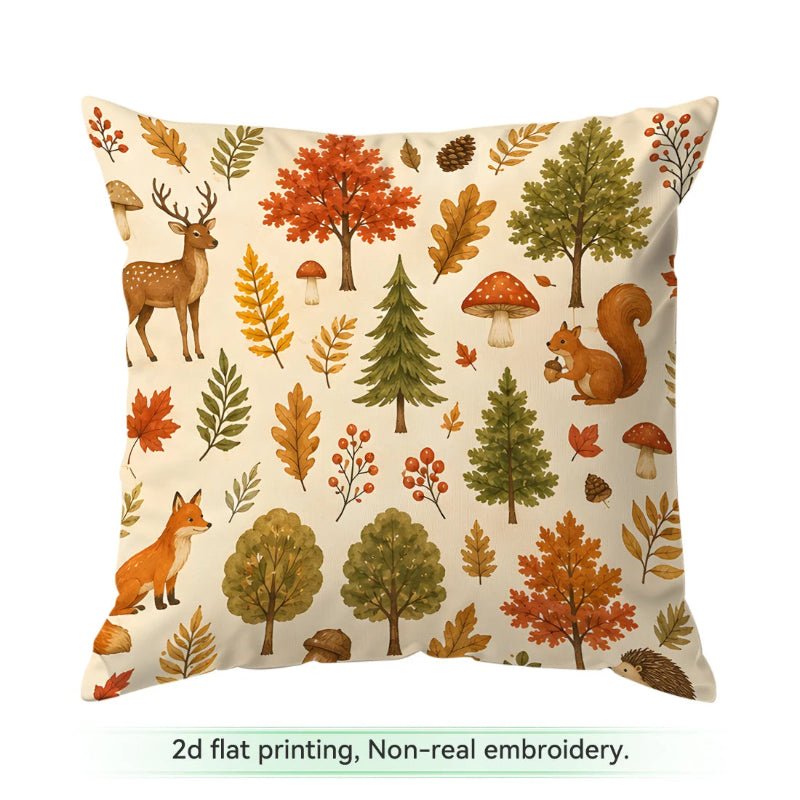 A square throw pillow with a 2D flat print of an autumn forest pattern, featuring a deer, fox, squirrel, pine trees, and colorful leaves on a cream background. Text at the bottom reads '2d flat printing, Non-real embroidery.