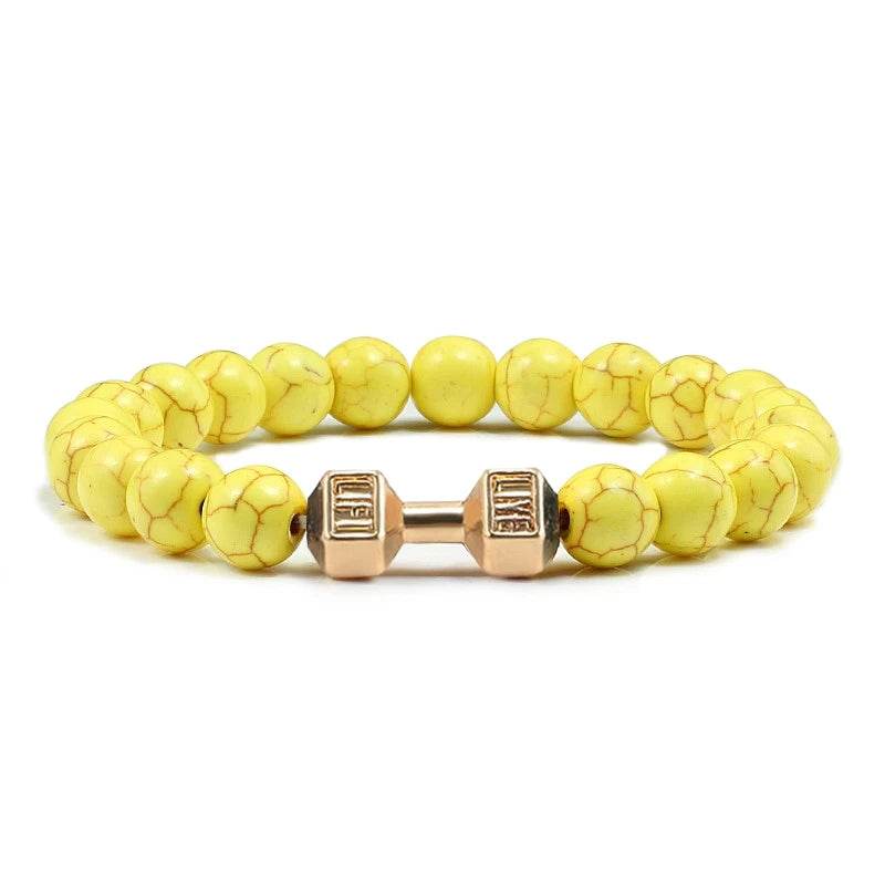 EMESA HOME Volcanic Stone Bead Bracelet – Matte Black Lava & White Dumbbell Charm Fitness Jewelry for Men & Women Yellow Gold