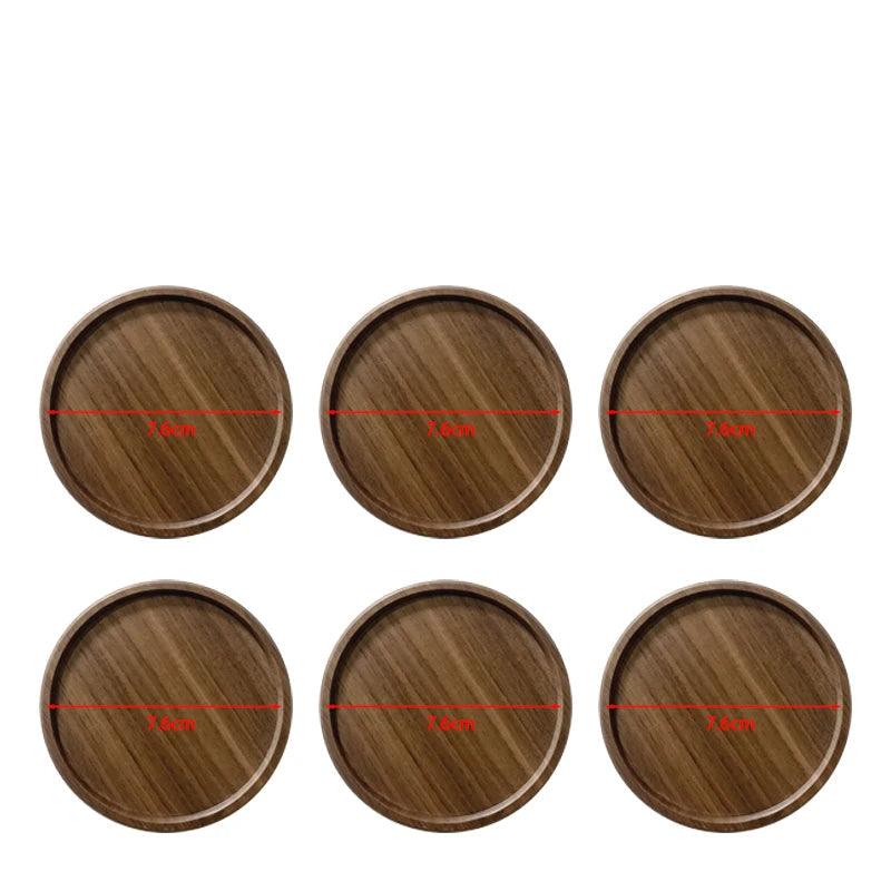 Six wooden coasters with dimensions on a white background, labeled '6PCS'.
