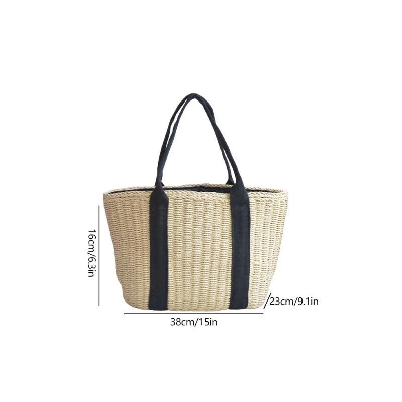 Woven bag with black straps and measurements on a white background