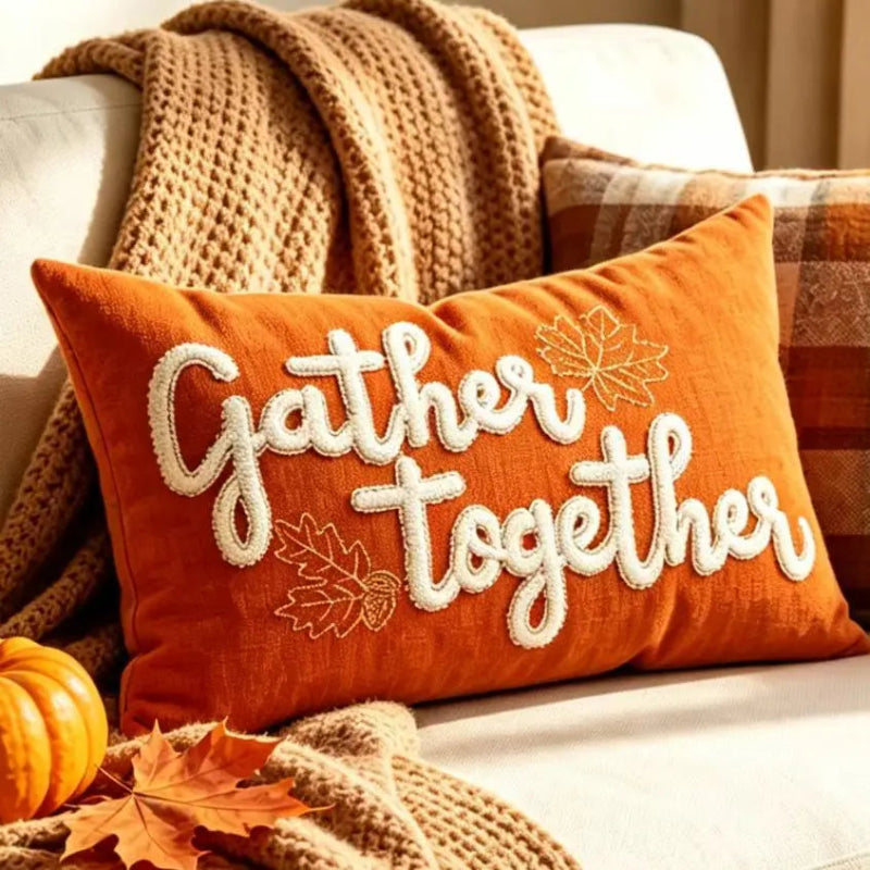 An orange autumn-themed throw pillow with the words 'Gather together' in white cursive embroidery, styled on a beige couch with a chunky knit blanket, a small pumpkin, and fall leaves.