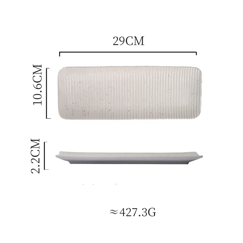 Measurement chart of a rectangular ceramic plate with dimensions and weight information.