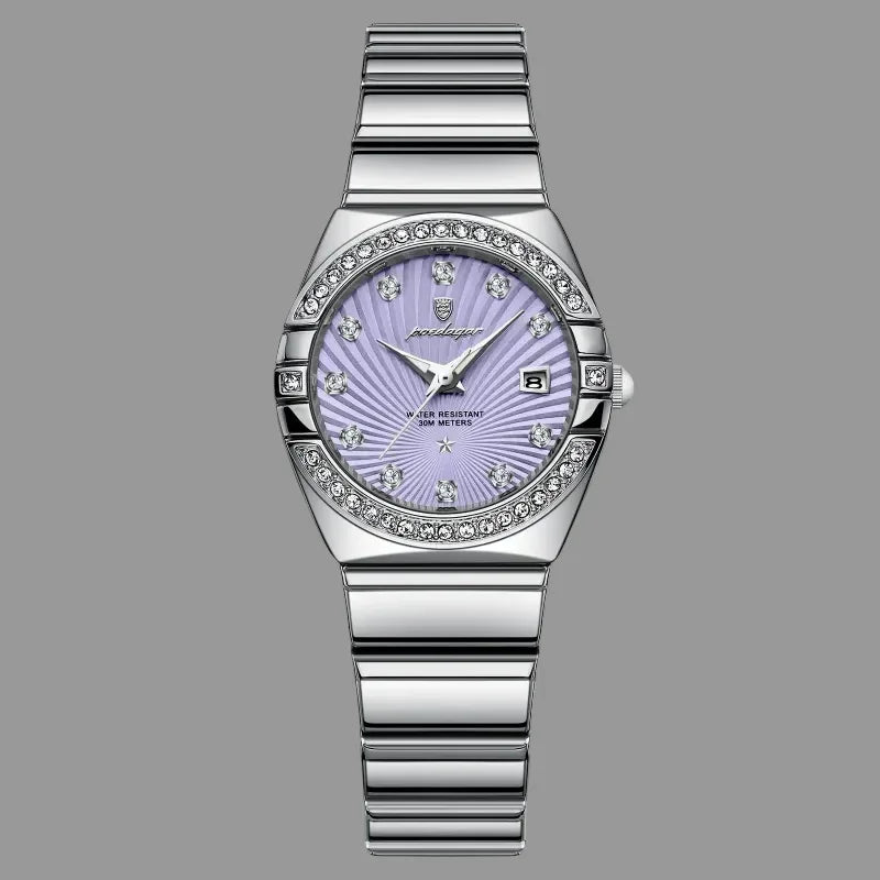 Silver watch with purple face on a white background, featuring the Poedagar brand.