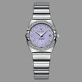 Silver watch with purple face on a white background, featuring the Poedagar brand.