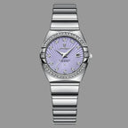 Silver watch with purple face on a white background, featuring the Poedagar brand.