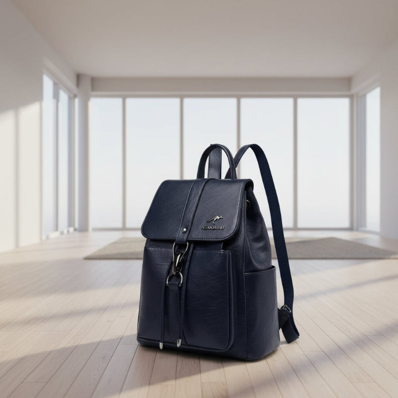 Black backpack with a brand logo on a white background
